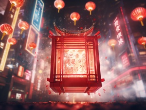 中国新年上海红色盒子与烟花背景下的趋势与广告