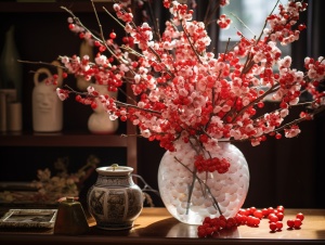 桌上的红花花瓶和相框