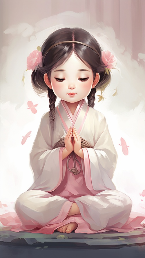 一个穿着粉色长袍的古风佛系3岁女孩，头上莲花，头顶轮廓光，双手合十，盘腿而坐，闭眼冥想，动漫，传统服装，动漫人物设计，中国画，浅灰色，可爱端庄迷人的古典风格，