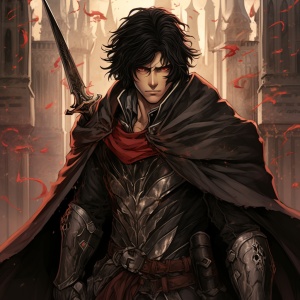 红色眼睛，黑色头发，穿着斗篷，背上背着一把剑的中世纪杀手男人