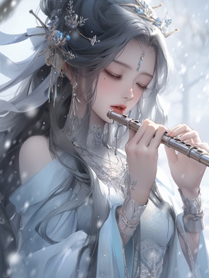 a pretty woman is holding the flute in a snow scene, in the style of fairycore, influenced by ancient chinese art, i can't believe how beautiful this is, dark white and light azure, distinctive noses, exquisite brushwork, contest winner ar 64:55