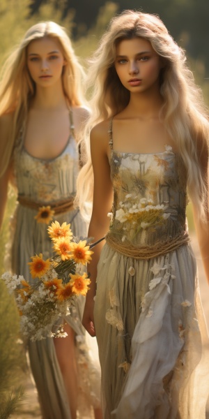 2个女孩，手拉手，一起走，烂漫的午后，芬芳的花朵，金银宝石，五官精致，美丽，阳光，仙女，精致的细节，中镜头，8k清晰度