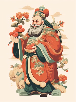 Traditional God of Wealth with Jade Ruyi: A Colorful Vector Illustration