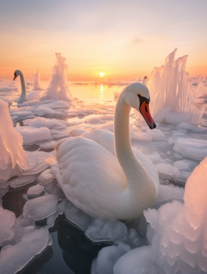 在冰天雪地的北极，海面积着厚厚的冰，在冰面上有成群结队的冰雕白天鹅，美轮美奂，夕阳映照下更显状观