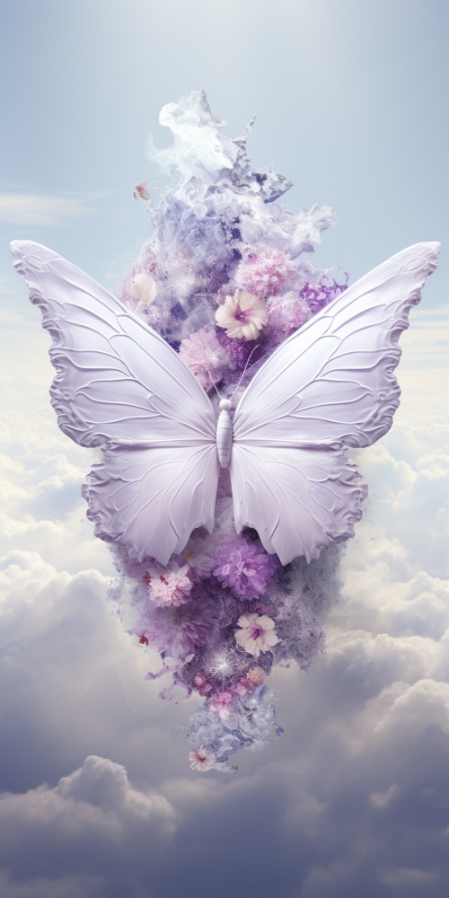 公路上方一朵美丽的蝴蝶大白云，紫色云，形状似飞舞的蝴蝶，以空灵雕塑的风格，由羽毛般的云制成，艾萨克·朱利安，我不能相信这是多么美丽，飘渺的云景，游丝的织锦，杰夫·昆斯 v 5.2