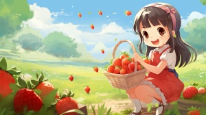 绿草如茵，小兔子卖新鲜红草莓的幸福场景