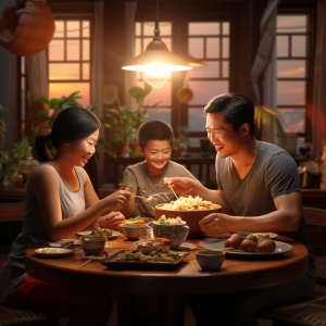 温暖的中国家庭晚餐场景——高清细节描绘的3D画面