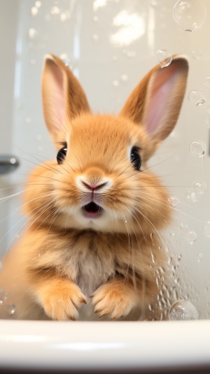 可爱的小兔子在泡泡浴缸中享受香气和游戏