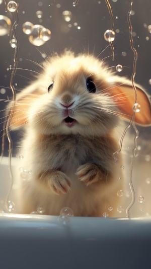 可爱的小兔子在泡泡浴缸中享受香气和游戏