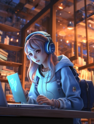 戴耳机女孩在笔记本电脑旁创作的动漫角色