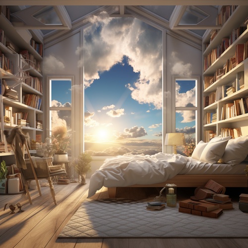 bedroom,background, no humans, scenery, sunlight, sky, cloud, indoors, window, curtains,carpet,wooden floor, ceiling light,pillow,bed, chair, book,bookshelf, desk, cup,bottle, table, lamp,