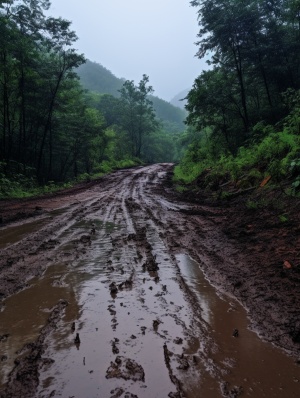 下大雨 道路泥泞 山林背景 广角镜头