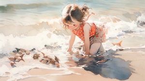 阳光明媚的下午，一个5岁的小女孩，穿一个小的红裙子在海边捡贝壳，水彩风
