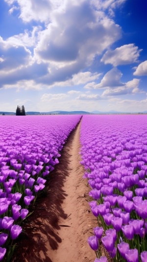 远方的紫色郁金香与蓝天白云的美丽相映成趣