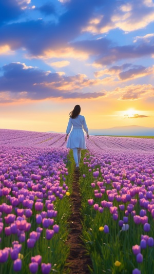 远方的紫色郁金香与蓝天白云的美丽相映成趣