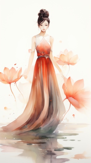 中国女孩淡红淡黄渐变色连衣裙，背后是一朵大荷花，面料光滑，梦幻和谐，色调朦胧柔和，白色背景干净无碎片