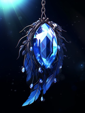 Crystal Pendant, Special Style Design,2D Game Art Style, Enchanted Pendant, Blue Feather in Starry Night, Suspended, Gemstone, Delicate, Glass, Glowing, Crystal Texture, Minimalist, Clear Details, High-Level, Black Background niji