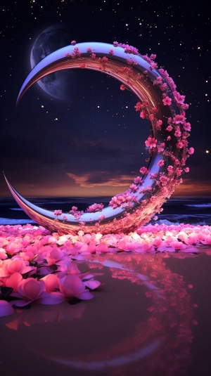 The picture is transparent, a large pink crescent is sprinkled on the sand,red roses float on the beach with the stars of the heart-shaped Milky Way, and the stars shine around theroses,glowing, silver,OP Art Optical Art，HD 4K Vray ，Ultra Wide Angle，unreal engine ar 9:16
