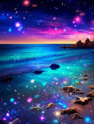 Blue sea, blue sea, dreamy rainbow cover the beach, and there are many colorful roses and shining crystal pebbles on the beach. Starlight, silver crescent moon and galaxy starlight are scattered on the beach, luminous creatures, fluorescent, golden, colorful, dreamy, superwide-angle light, unreal engine, 4K HD,
