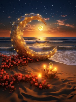 The picture is transparent, a large golden crescent is sprinkled on the sand,red roses float on the beach with the stars of the heart-shaped Milky Way, and the stars shine around the roses,glowing, silver,OP Art Optical Art，HD 4K Vray ，Ultra Wide Angle，unreal