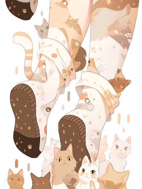 white socks with cats on them, in the style of white and amber, kawaiipunk, holotone printing, light gold and white, cartoonish, use of fabric