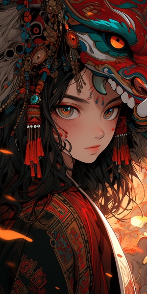 Tibetan Girl in Elaborate Costume: Close-Up of Richly Colored Mystic Mask Illustration