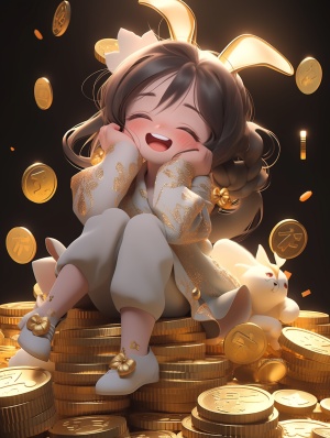 女孩大笑，金币环绕，可爱梦幻的Chibi风格三维模型