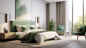 Modern style bedroom,bed,chair,white artistic paint,in realistic and ultra-detailed rendering style,32k UHD,luxury,modern urban,well lit,minimalistic setting,(8k, RAW photo, best quality, masterpiece:1.2),(photorealistic, photorealistic:1.3),overall white ceiling,the green one on the right is the room door