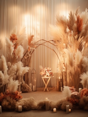 A bohemian wedding stage with pampasgrass, dry leaves, peach colour rose flowers, white lillies and warm lighting