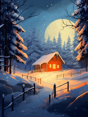雪夜小木屋的橘黄灯光