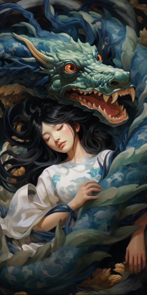中国风龙上的现实空灵：眠于深蓝绿的动漫人物