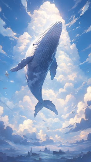 一条巨大的鲸鱼翱翔在蓝天中。云朵轻盈地簇拥在它身边，仿佛与鲸鱼相伴一起起舞。鱼身闪烁着银白色的光芒，尾巴在空中划出一道壮丽的弧线。它自由自在地飘浮在天空之上，宛如一位守护神，给人们带来宁静与安全感。