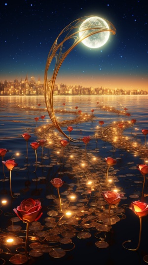 The picture is transparent, a large golden crescent is sprinkled on the sand,red roses float on the beach with the stars of the heart-shaped Milky Way, and the stars shine around the roses,glowing, silver,OP Art Optical Art，HD 4K Vray ，Ultra Wide Angle，unreal