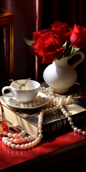 慵懒感展现：咖啡、书、口红、香水、珍珠项链