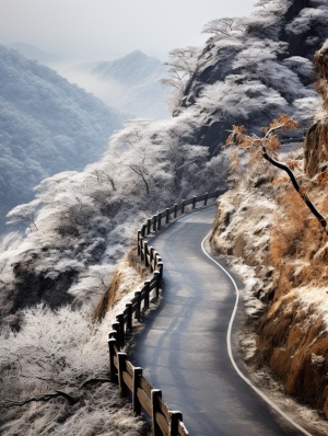 风雪中干枯树枝下的中国古风唯美山路