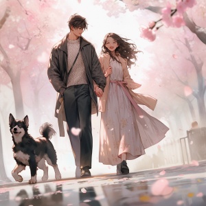 动漫情侣和年轻夫妇走路和拿着樱花花瓣，在梦幻般的现实主义风格，bloomcore