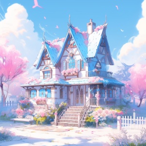 一个童话般的房子，在雪地里有花鸟，在装饰画的风格，天蓝色和白色，32k uhd，闪闪发光，深粉色和天蓝色，精心设计，动漫艺术