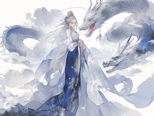 精致女子搭配白发银瞳的中式国风连衣裙