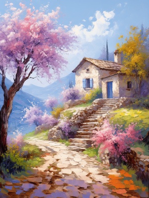 唯美意境的油画风景：小巷春花与老房子的治愈美景