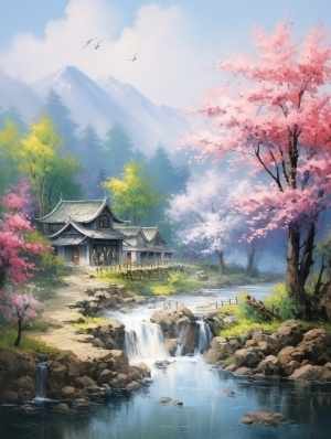 唯美意境的油画风景：小巷春花与老房子的治愈美景