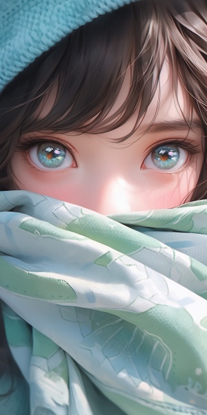 可爱动漫女孩：淡蓝毛衣、淡绿围巾，大眼美貌