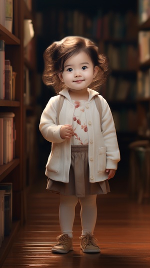 可爱有特点的2岁小女孩，全身，站立，室内，背景书柜，灵动可爱，夸张手法，微笑，现实主义，有场景