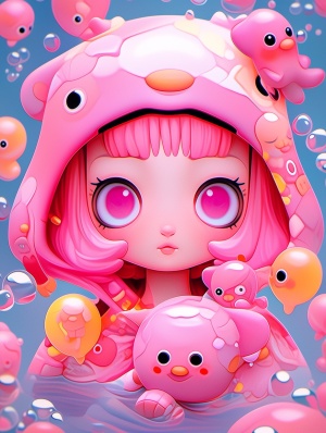 暴富：少女粉红色，锦鲤，水中游泳。🎁Chibi 风格的角色经常出现在各种动漫、游戏和周边产品中，这种风格的角色通常是大头小身，形象夸张，表情丰富，给人一种可爱、滑稽的感觉🎁popmart泡泡玛特，可爱盲盒