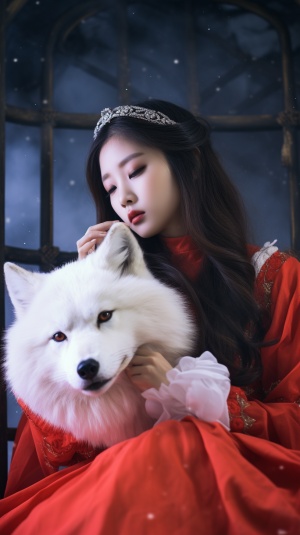 一个长发的中国女孩，带着一只大白狐。 身穿红色雪纺汉服，飘逸梦幻。 迷人的脸庞，迷人的身材，空灵的美丽。超现实的表现，超现实摄影，最佳画质，高清8K