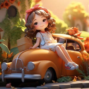 小车旁的阳光洒落在女孩脸上的梦幻场景