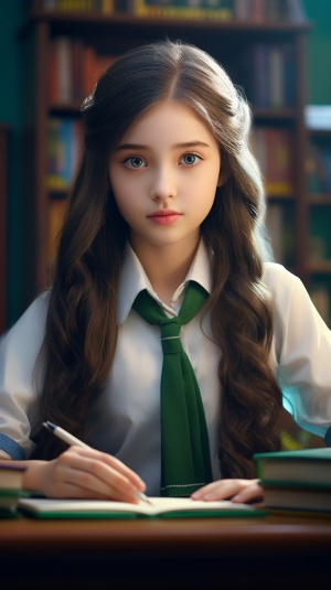 一个蓝眼睛的欧美小女孩穿着绿色的校服在教室里，坐在书桌后面，在本子上写字，风格大胆的色度，视频蒙太宝，艳丽的色彩，灰色和琥珀色，纯色，醒目，真实感肖像