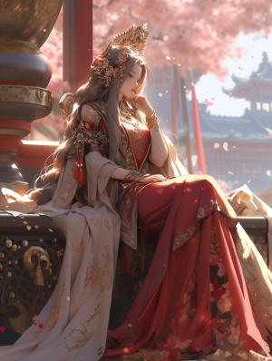 一个坐在台阶上戴着花冠的女人的艺术描绘，以虚幻引擎5的风格，幻想艺术，日本版画，深红色和浅金色，真人大小的人物，详细的服装，我简直不敢相信这是多么美丽