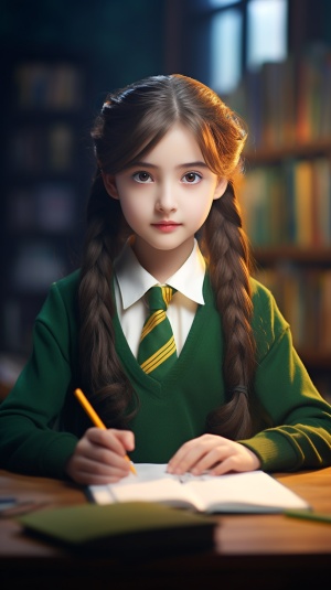 一个欧美小女孩穿着绿色的校服在教室里，坐在书桌后面，在本子上写字，风格大胆的色度，视频蒙太宝，艳丽的色彩，灰色和琥珀色，纯色，醒目，真实感肖像