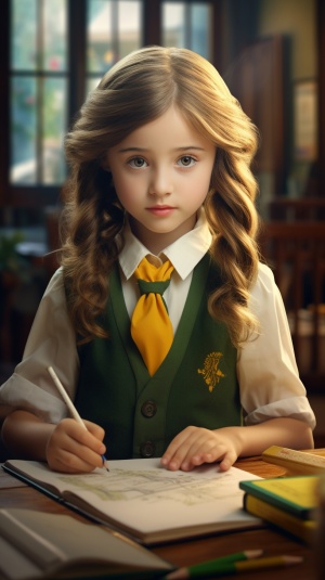 欧美小女孩穿绿校服教室写字真实肖像