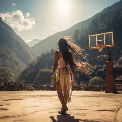 在环境非常漂亮的大山篮球场打篮球的长发女孩